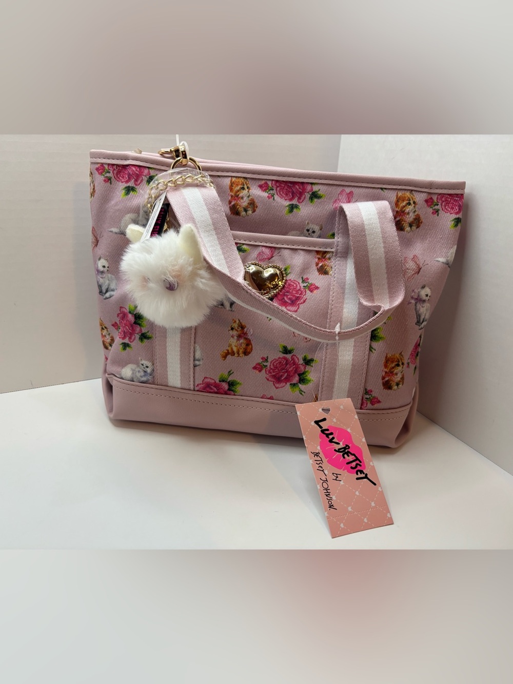 Betsey Johnson Pink Rose w Cat Print Tote Bag & Plush Cat Keychain